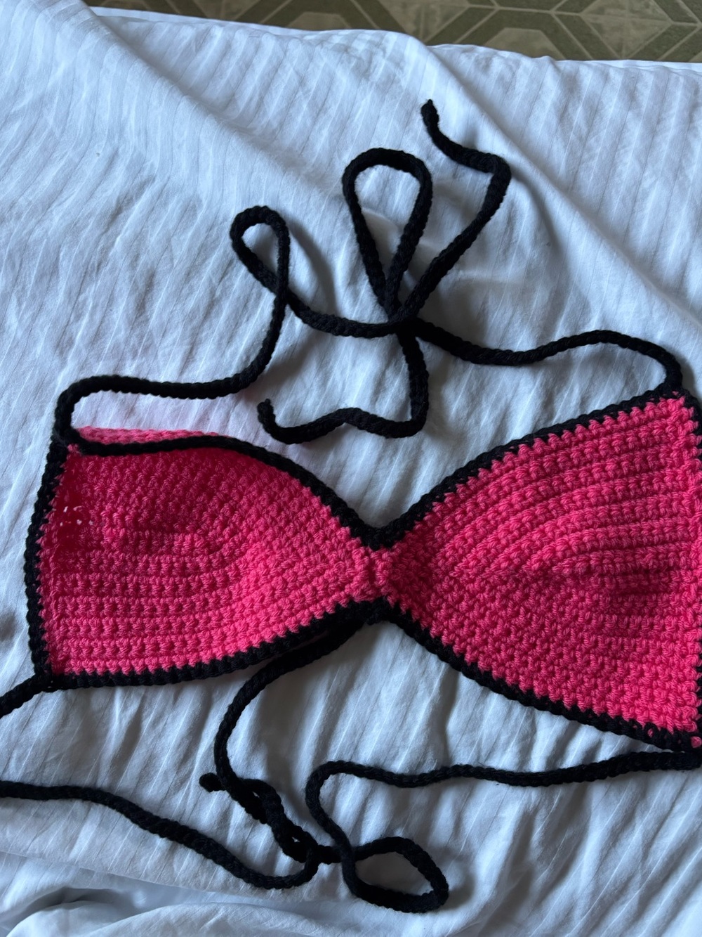 Handmade Pink Crochet Halter Top with Black Trim
